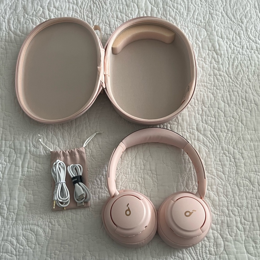 Anker Blush Pink Headphones with Case